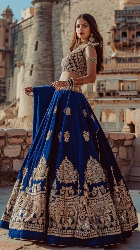 wedding season attire -Elegant blue lehenga adorned with intricate embroidery, perfect for weddings or festive occasions.